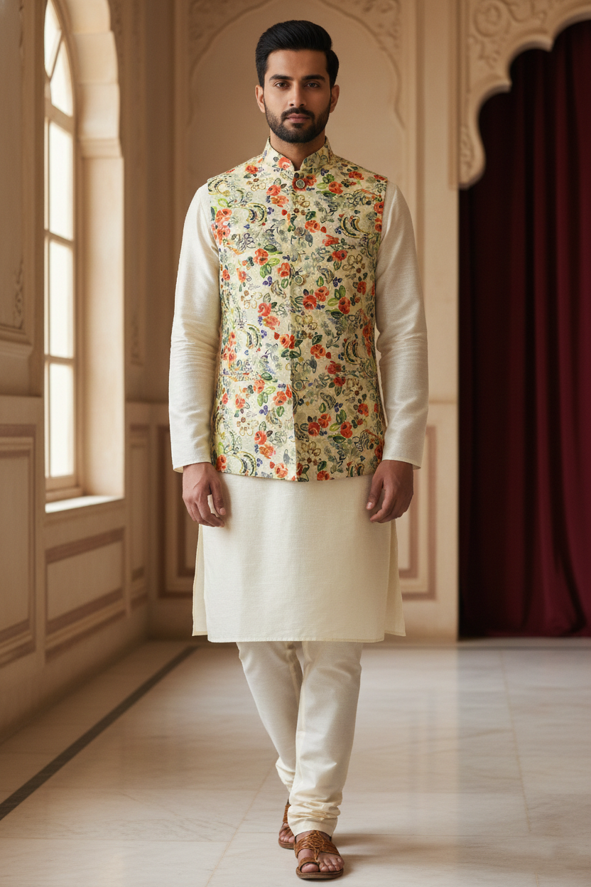 Title: Floral Tapestry: The Ivory and Multi-Chrome Nehru Ensemble