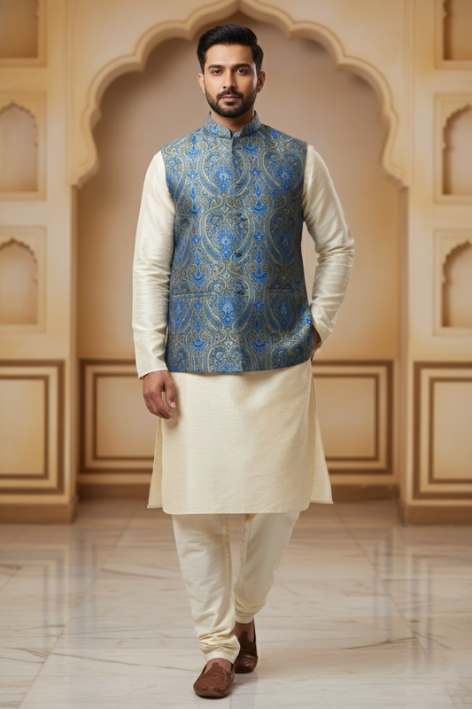 Blue & Green Brocade Nehru Jacket with Cream  Kurta Set