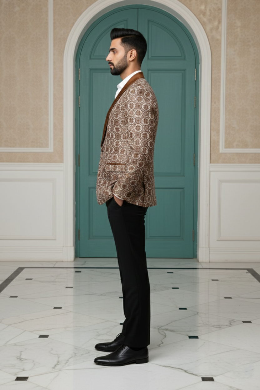 Copper Geometric Silk Jacquard Tuxedo Blazer with Bronze Satin Shawl Lapel