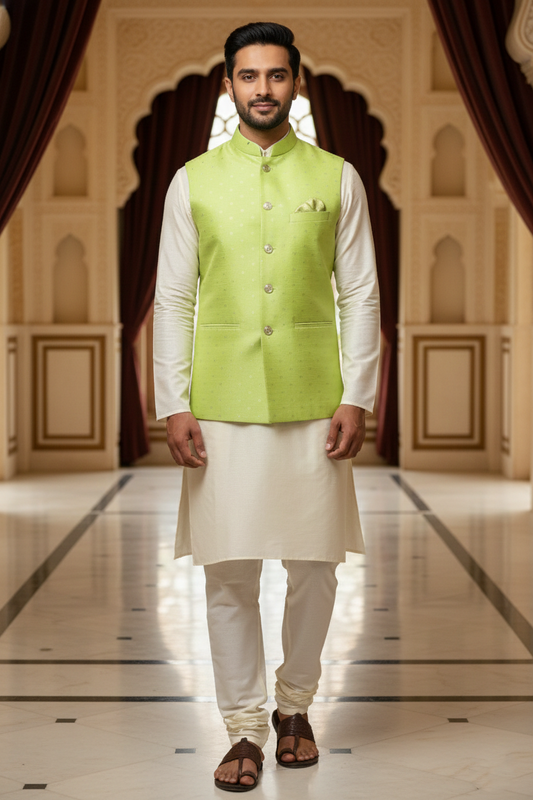 Men’s Pista Green Dotted Nehru Jacket with Ivory Kurta  Pajama