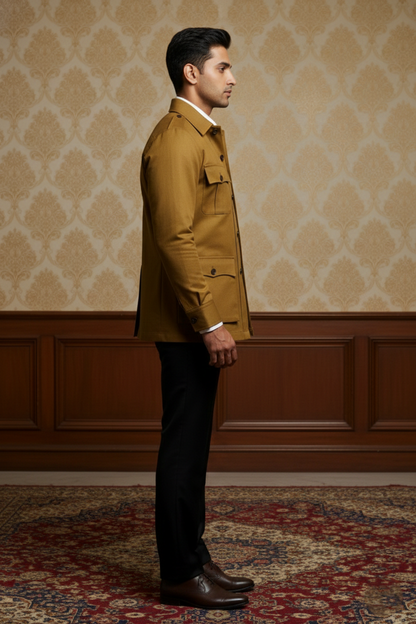 Men'sPremium Mustard Yellow Safari Jacket , Slim-Fit Cotton-Blend Utility Blazer with Cargo Pockets