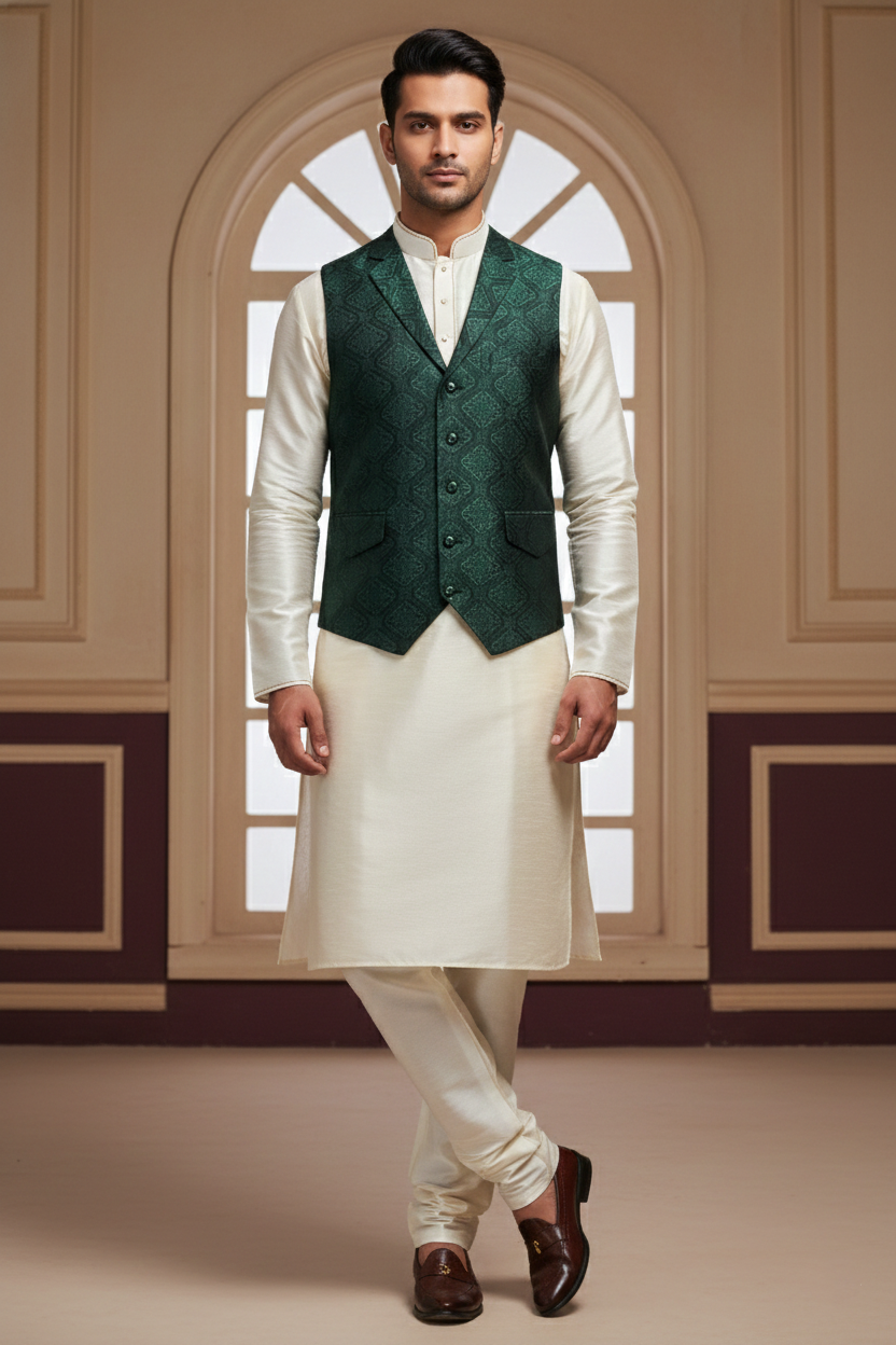 Men’s Dark Green Jacquard Silk Waistcoat with Notch Lapel | Slim Fit Festive Vest