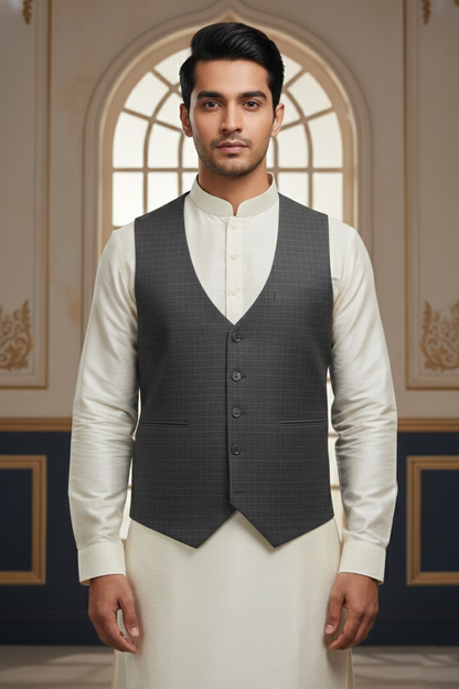 Men’s Grey Jacquard Silk Waistcoat with Notch Lapel | Slim Fit Festive Vest