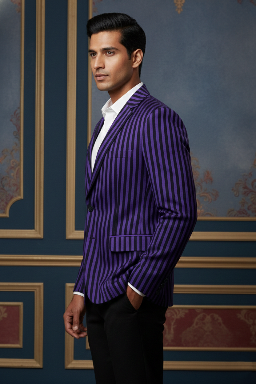 Men'sRoyal Purple and Black Vertical Striped Slim-Fit Blazer , Designer Party & Evening Wear Jacket