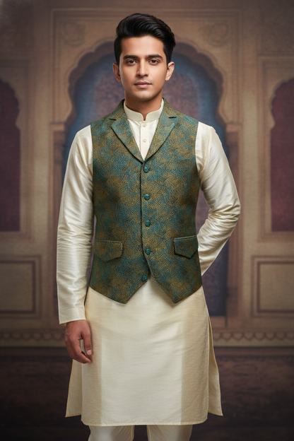 Men’s Premium Teal & Mustard Geometric Jacquard Waistcoat with Notched Lapel