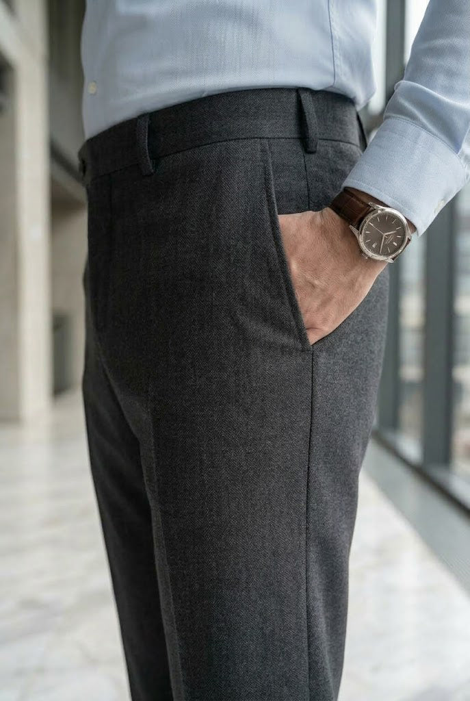 Men'sCharcoal Herringbone Wool Dress Trousers