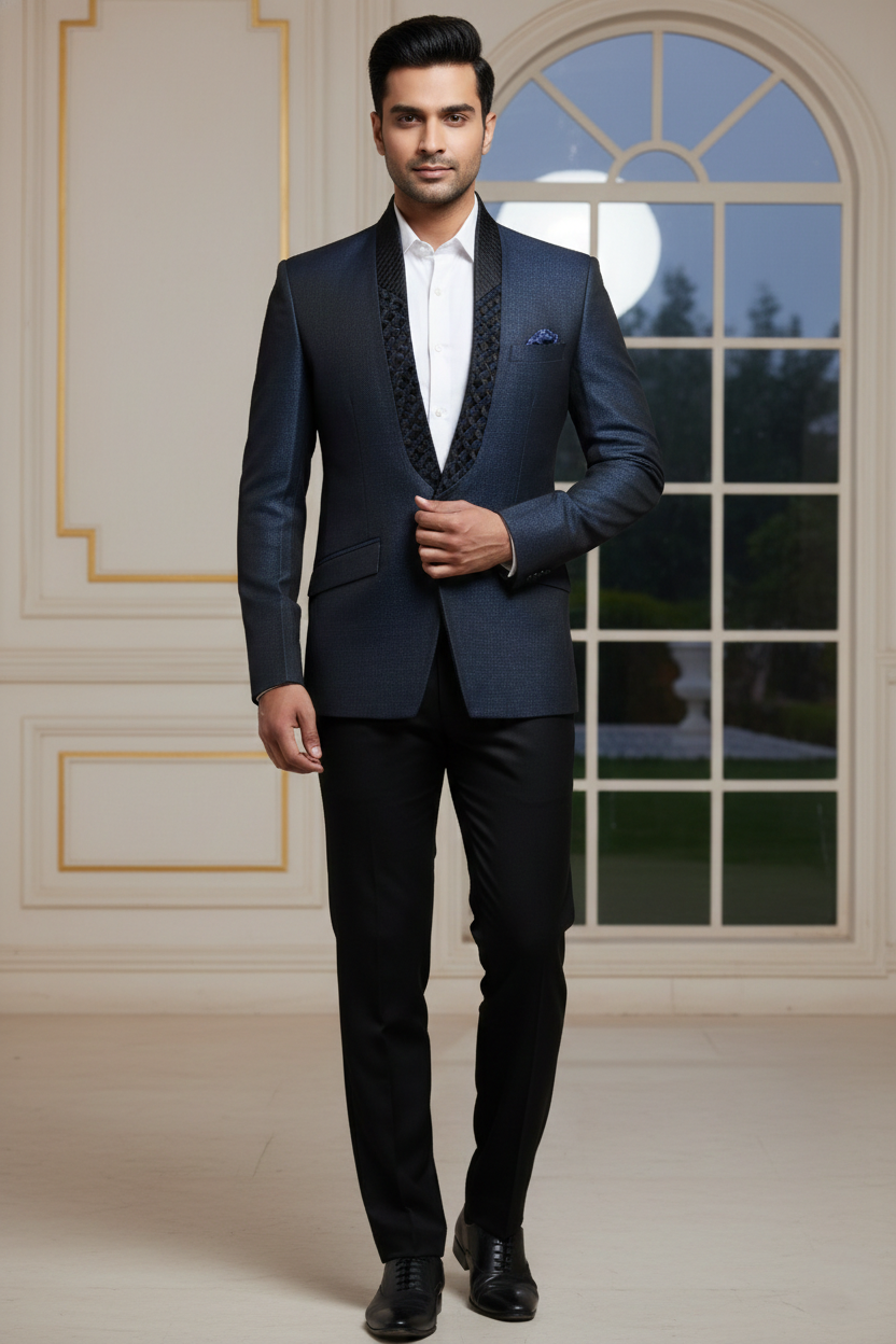 Dark Blue Formal Blazer with Textured Lapel Detail