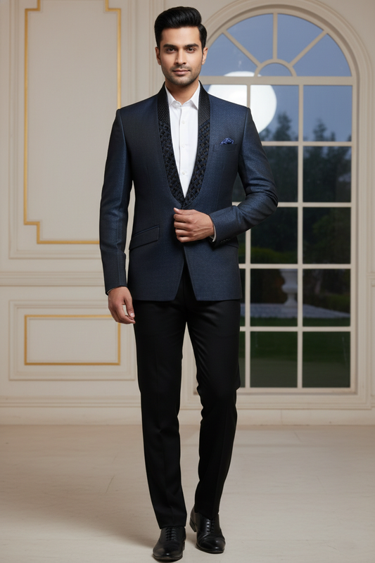 Dark Blue Formal Blazer with Textured Lapel Detail