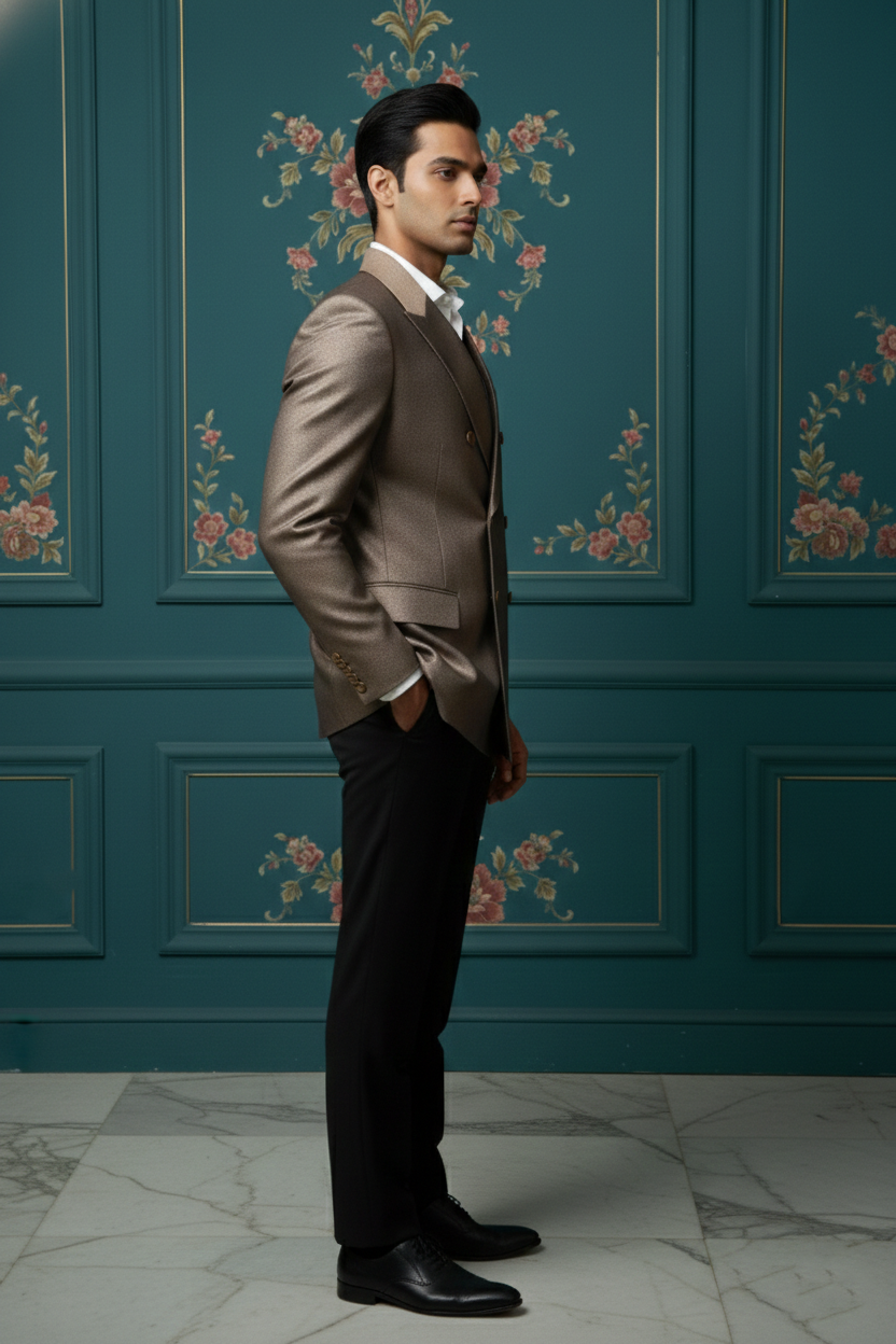 Men'sPremium Bronze Metallic Double-Breasted Blazer , Luxury Slim-Fit Formal Tuxedo Jacket