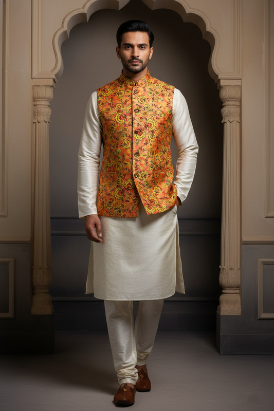 Title: Harvest Gold: The Floral Tapestry Nehru Ensemble