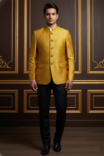 Men's Mustard Yellow Woven Jacquard Bandhgala Blazer , Premium Silk Blend Ethnic Jodhpuri Suit.