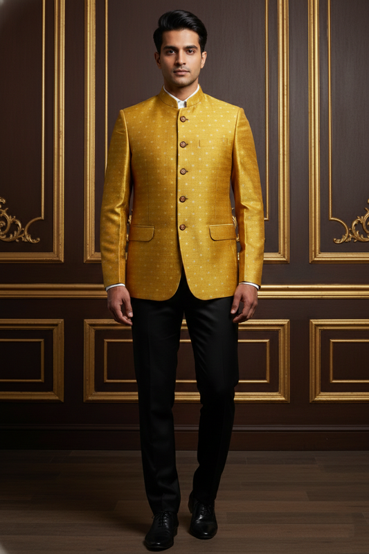 Men's Mustard Yellow Woven Jacquard Bandhgala Blazer , Premium Silk Blend Ethnic Jodhpuri Suit.