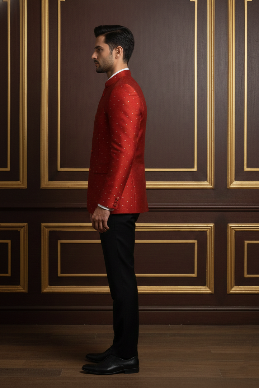 Men's Premium Red Jacquard Silk Bandhgala Blazer , Ethnic Jodhpuri Suit Jacket for Weddings & Formal Occasions