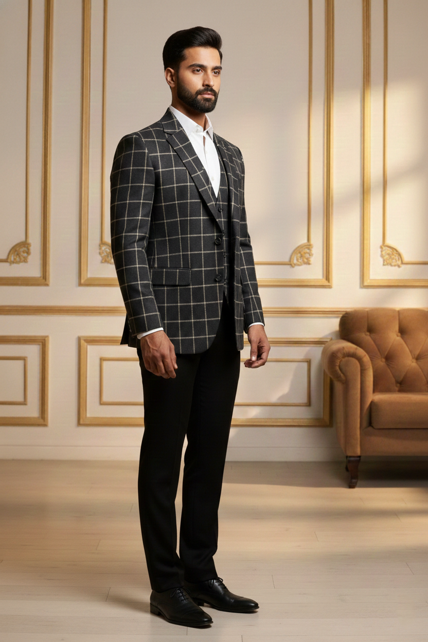 Men's Charcoal Grey Windowpane Check Slim-Fit Blazer