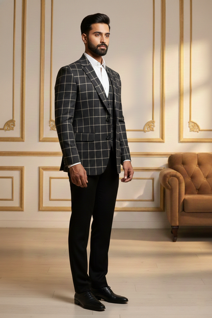 Men's Charcoal Grey Windowpane Check Slim-Fit Blazer