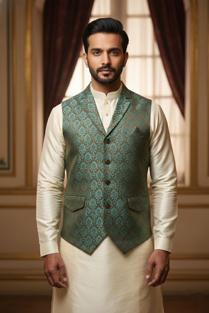 Men’s Teal Green Brocade Nehru Jacket | Ethnic Wedding Festive Party Wear Mandarin Collar Sleeveless Waistcoat for Kurta & Indo-Western Outfit