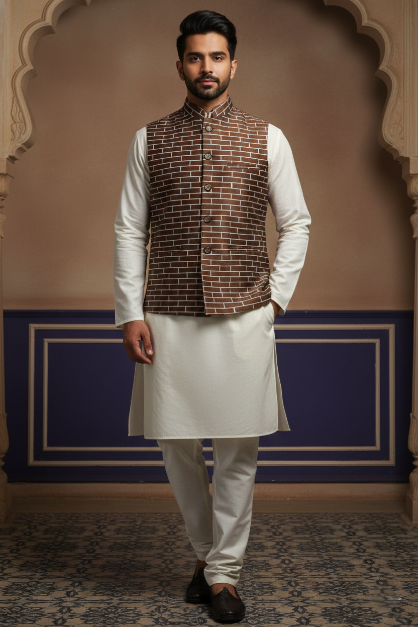 Men’s Brown Nehru Jacket with White Line Pattern | Ethnic Mandarin Collar Waistcoat for Festive & Formal Wear