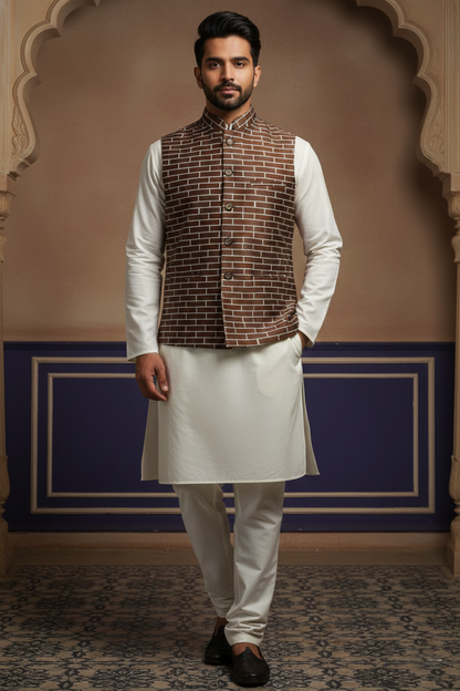 Men’s Brown Nehru Jacket with White Line Pattern | Ethnic Mandarin Collar Waistcoat for Festive & Formal Wear