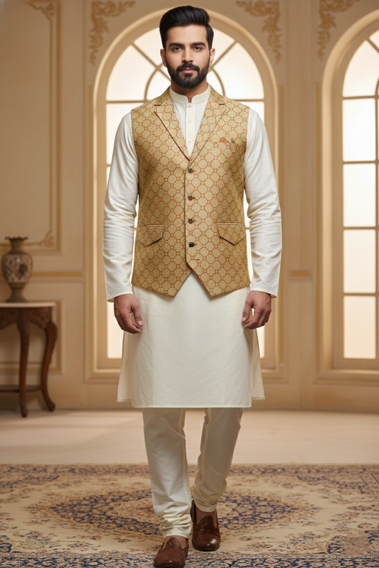Men’s Cream Designer Waistcoat | Red Line Work Slim Fit Festive Vest
