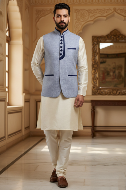 Men's Powder Blue Melange Nehru Jacket – Designer Contrast Trim Waistcoat | Ethnic Modi Jacket for Weddings & Receptions