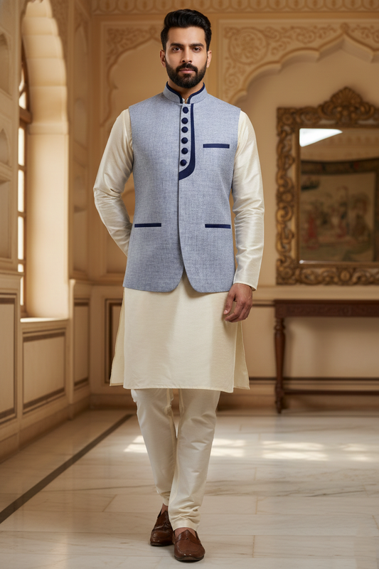Men's Powder Blue Melange Nehru Jacket – Designer Contrast Trim Waistcoat | Ethnic Modi Jacket for Weddings & Receptions