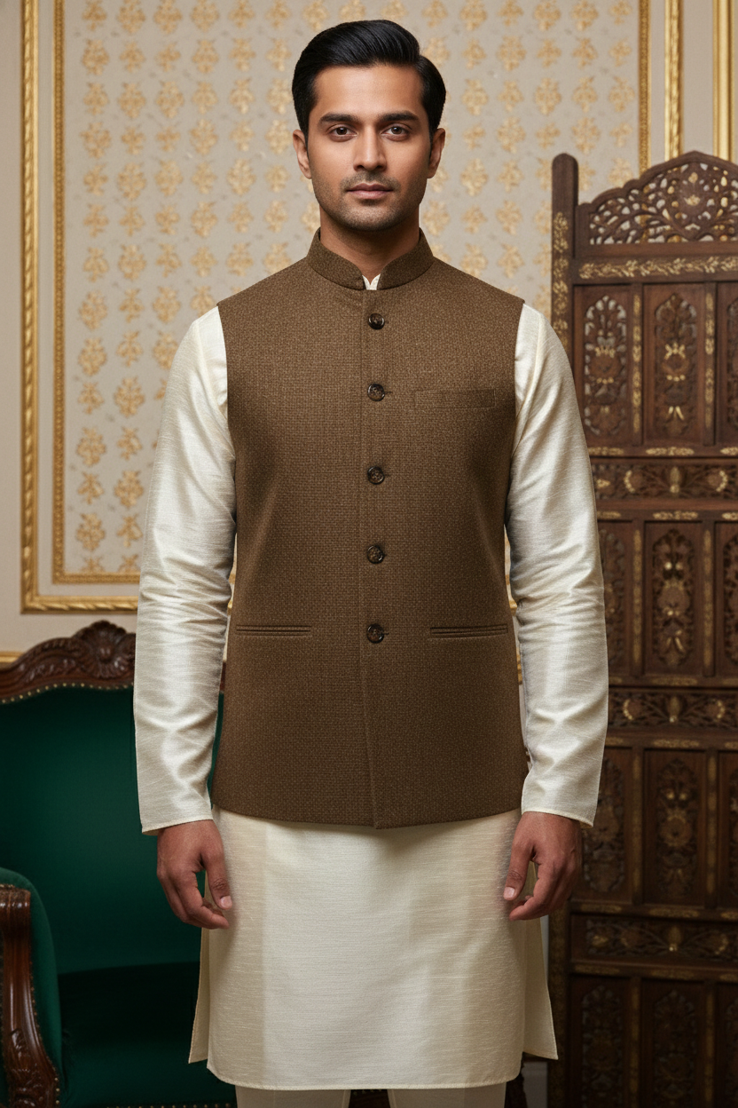 Mocha Brown Textured Nehru Jacket & Cream  Kurta Set