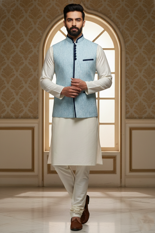 Men’s Light Blue Nehru Jacket with Navy Contrast Piping | Ethnic Waistcoat