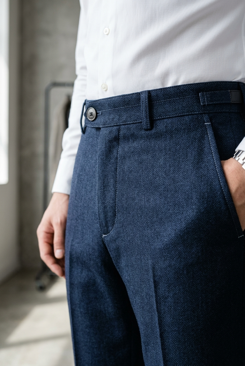 Men'sNavy Blue Herringbone Formal Trousers