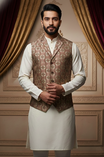 Men’s Beige & Maroon Designer Printed Waistcoat | Slim Fit Festive & Party Wear Vest