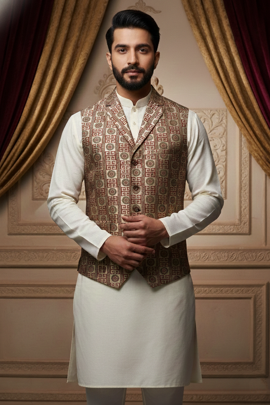 Men’s Beige & Maroon Designer Printed Waistcoat | Slim Fit Festive & Party Wear Vest
