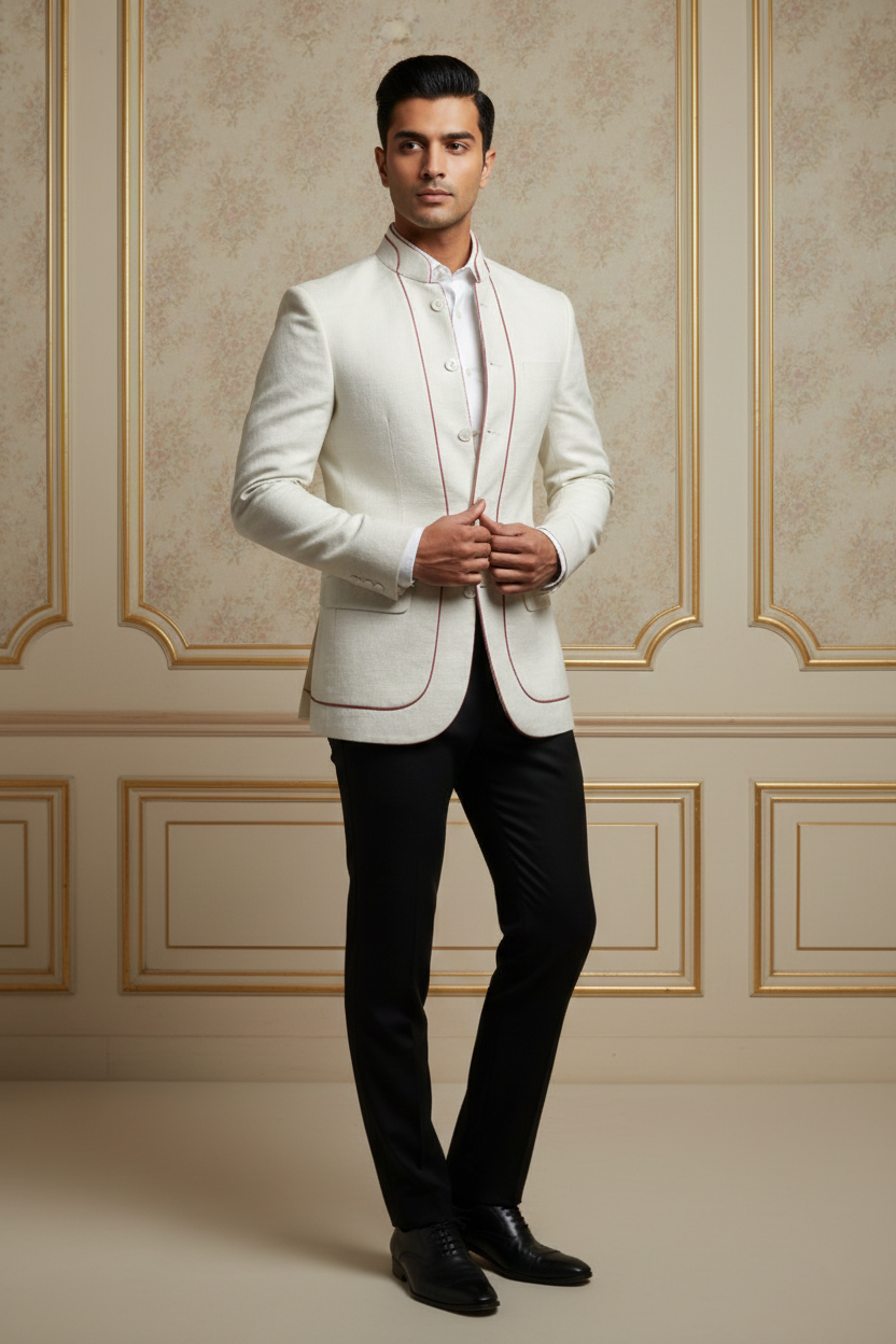 Men's Off-White Mandarin Collar Blazer with Rose  Piping