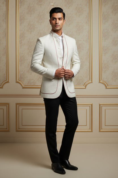 Men's Off-White Mandarin Collar Blazer with Rose  Piping