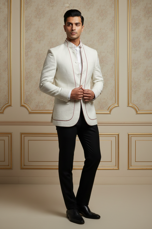 Men's Off-White Mandarin Collar Blazer with Rose  Piping