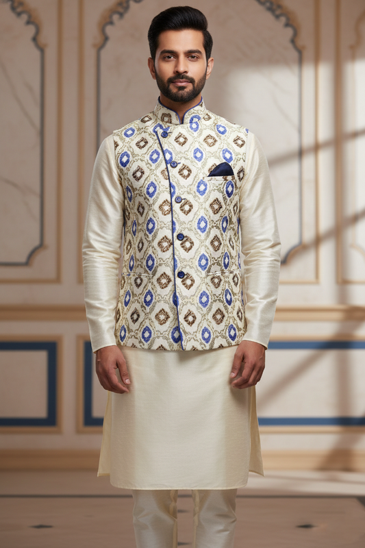 Men's Asymmetric Print Nehru Jacket – Cream & Blue Geometric Ethnic Waistcoat