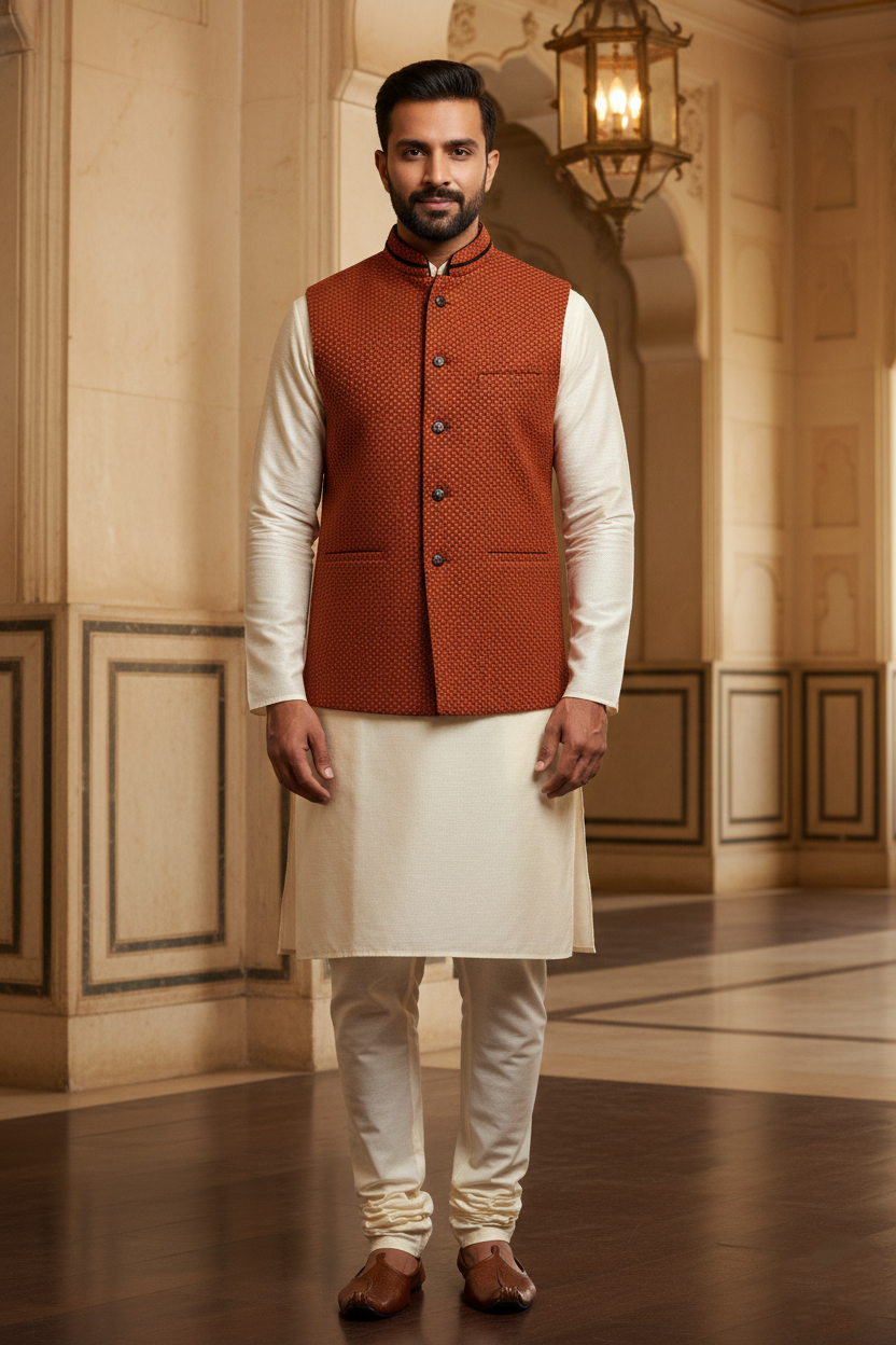 Men's Rust Orange Textured Nehru Jacket – Slim Fit Ethnic Modi Waistcoat for Weddings & Formal Events