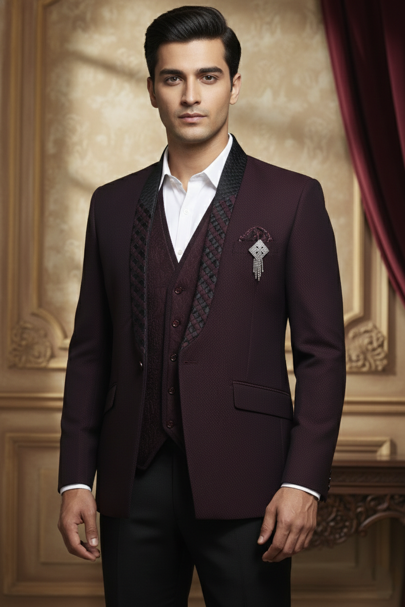 Deep Maroon Ceremonial Suit with Intricate Detailing
