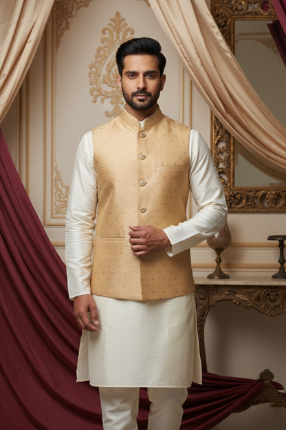 Men’s Beige Dotted Nehru Jacket with Ivory Kurta Pajama