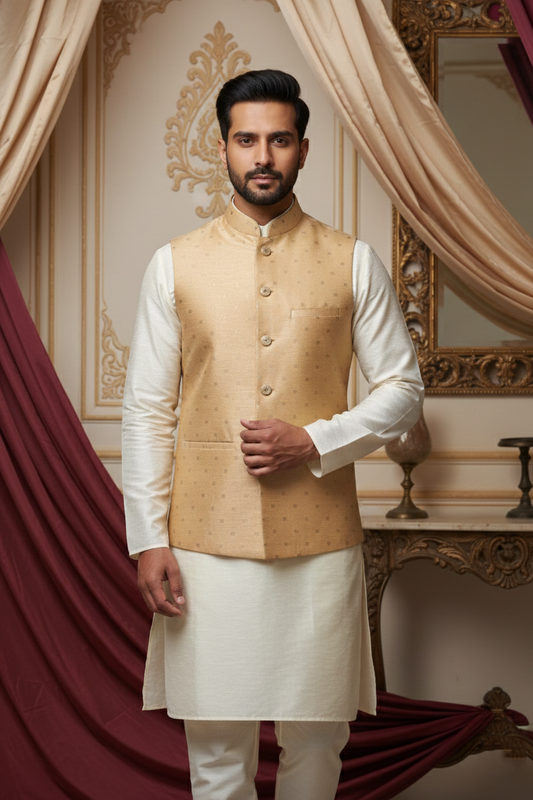 Men’s Beige Dotted Nehru Jacket with Ivory Kurta Pajama