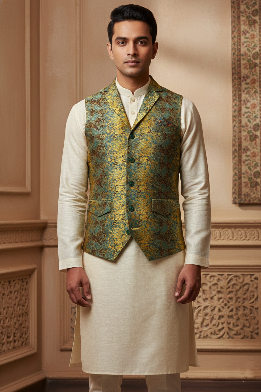 Men’s Yellow, Blue & Brown Jacquard Silk Waistcoat with Notch Lapel | Slim Fit Festive Vest