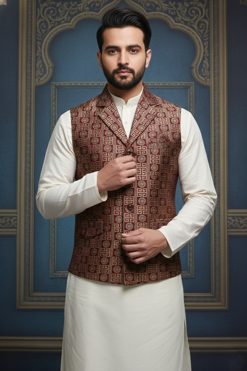 Men’s Maroon Designer Printed Waistcoat | Slim Fit Festive & Party Wear Vest