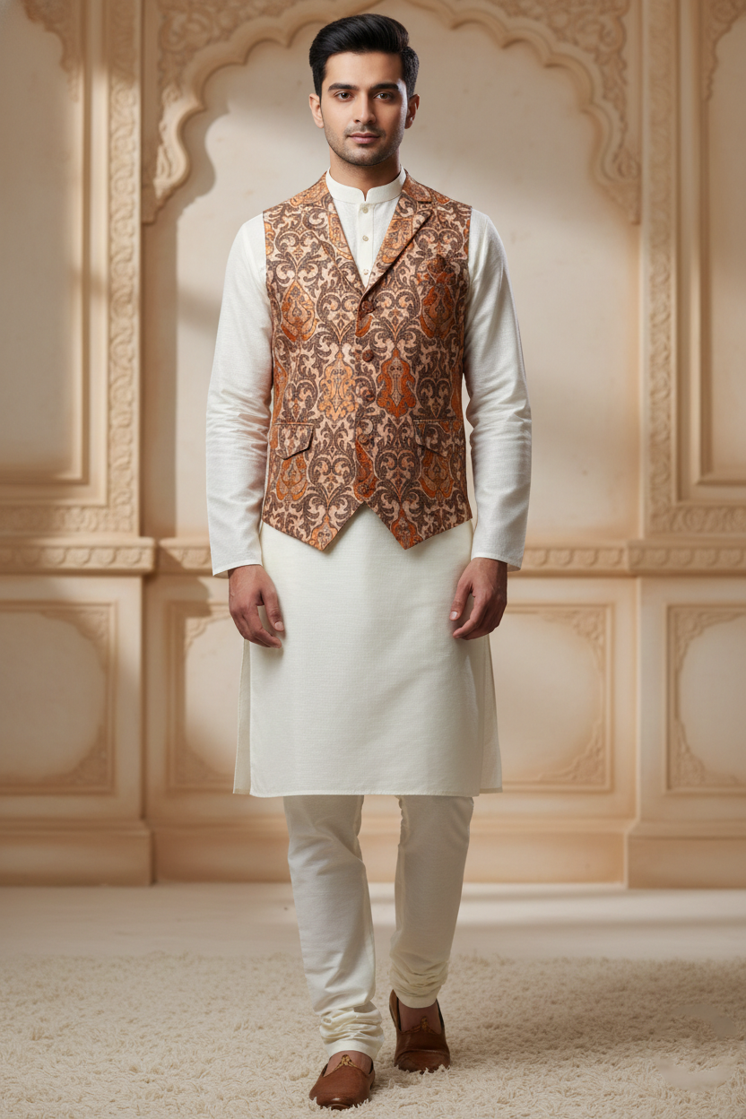 Men's Tan & Brown Damask Brocade Nehru Jacket – V-Neck Lapel Wedding Waistcoat | Ethnic Party Wear Modi Jacket