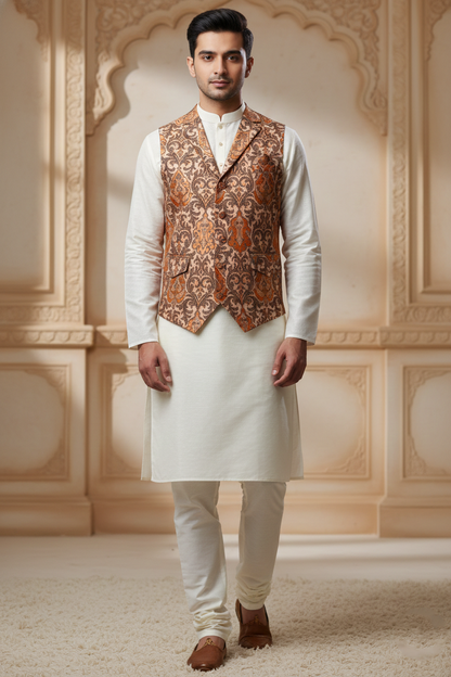 Men's Tan & Brown Damask Brocade Nehru Jacket – V-Neck Lapel Wedding Waistcoat | Ethnic Party Wear Modi Jacket