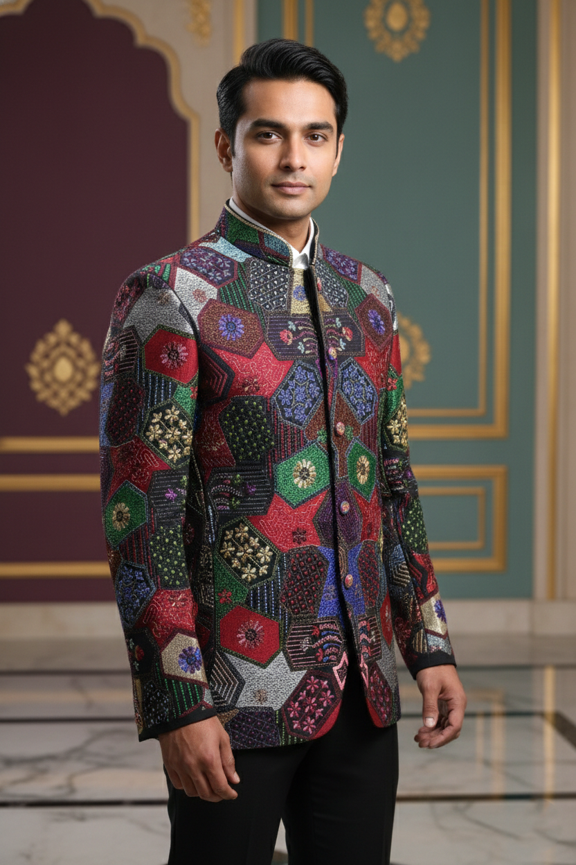 Men'sMulticolor Patchwork Bandhgala Jacket