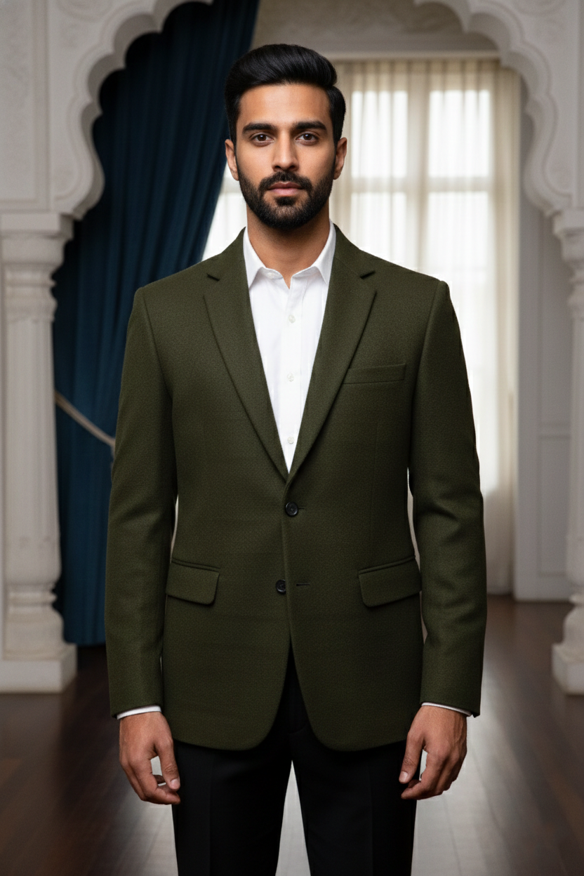 Men'sOlive Green Textured Single-Button Blazer