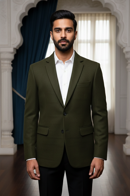 Men'sOlive Green Textured Single-Button Blazer