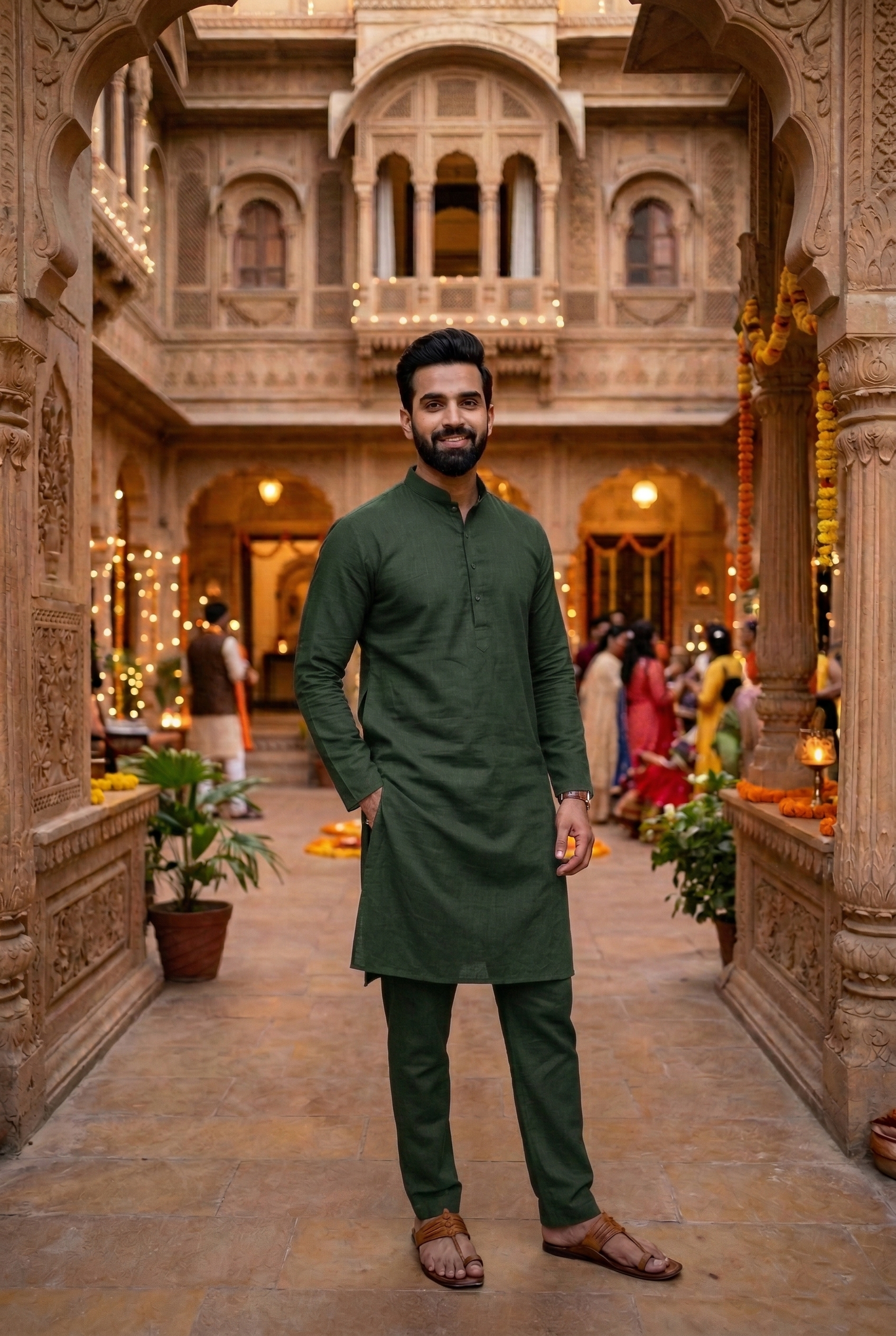 Men's Olive Green Cotton Linen Plain Kurta Pajama Set