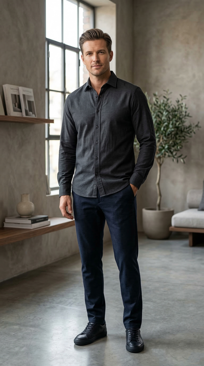 Men'sCharcoal Brushed Cotton , The Sleek Urban Casual Button-Down