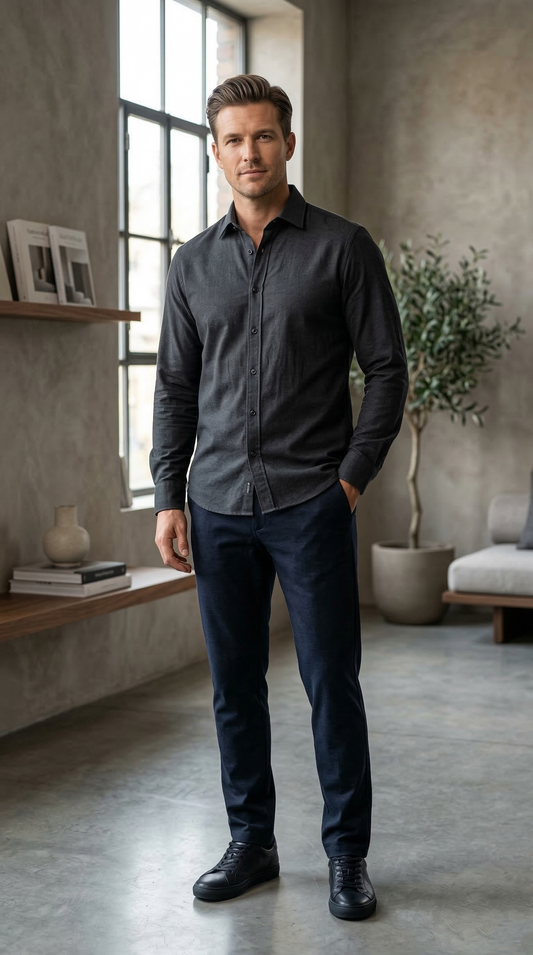 Men'sCharcoal Brushed Cotton , The Sleek Urban Casual Button-Down