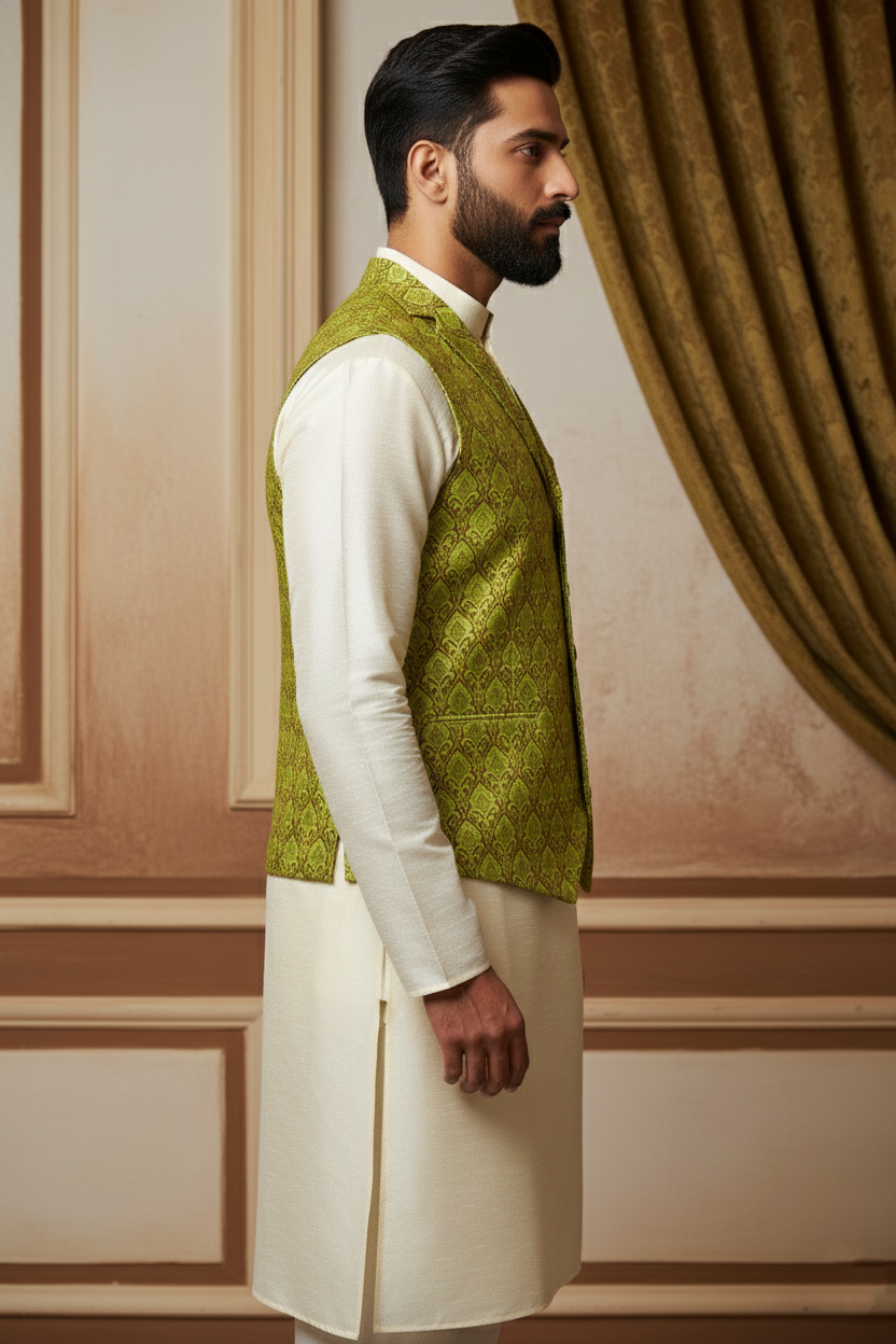 Men’s Parrot Green Brocade Nehru Jacket | Ethnic Wedding Festive Party Wear Mandarin Collar Sleeveless Waistcoat for Kurta & Indo-Western Outfit