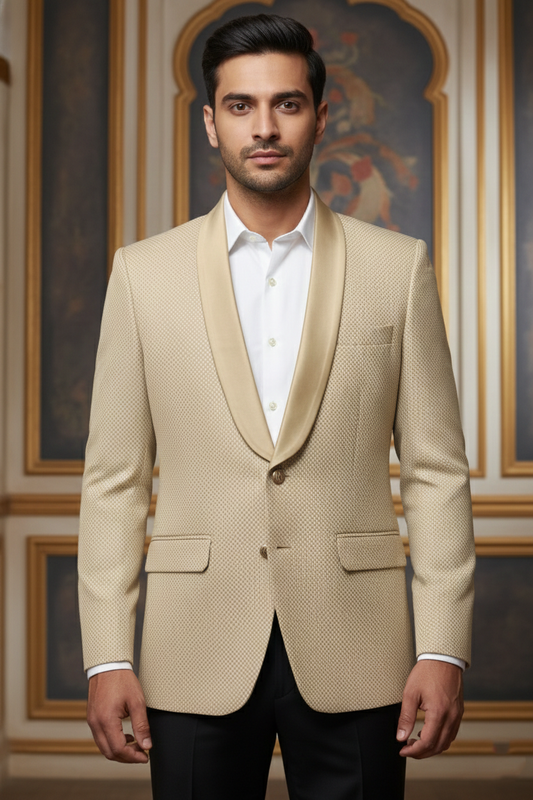 Beige Textured Blazer with Satin Shawl Collar